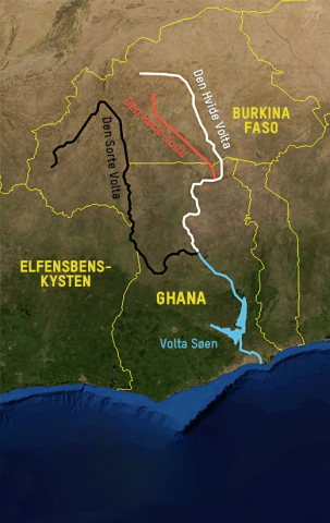 kort over Volta-floderne og søen